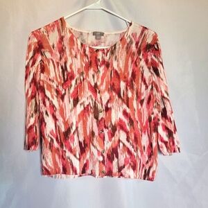 J.Jill Linen Blend Abstract Print 3/4 Sleeve Button Front Top Red/Cream Size S